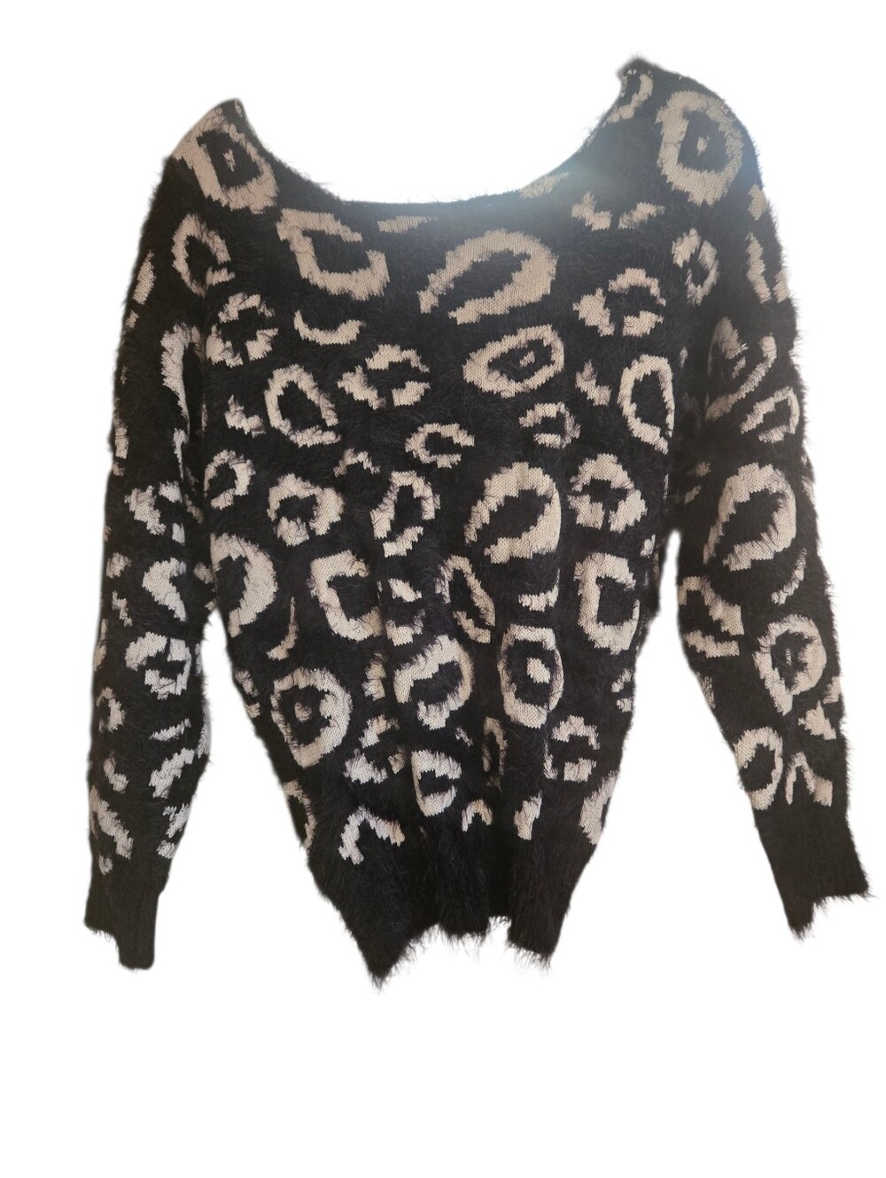 easel Black and White Fuzzy Off-the-Shoulder Leopard Sweater